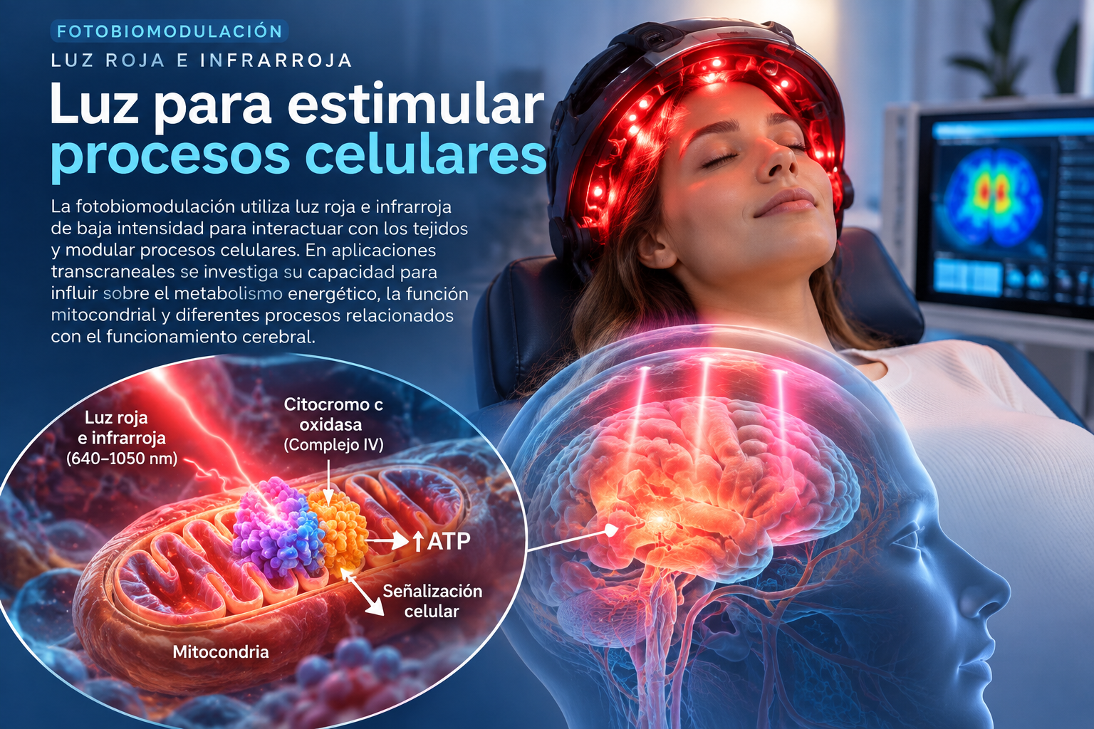Representación de fotobiomodulación cerebral mediante luz roja e infrarroja