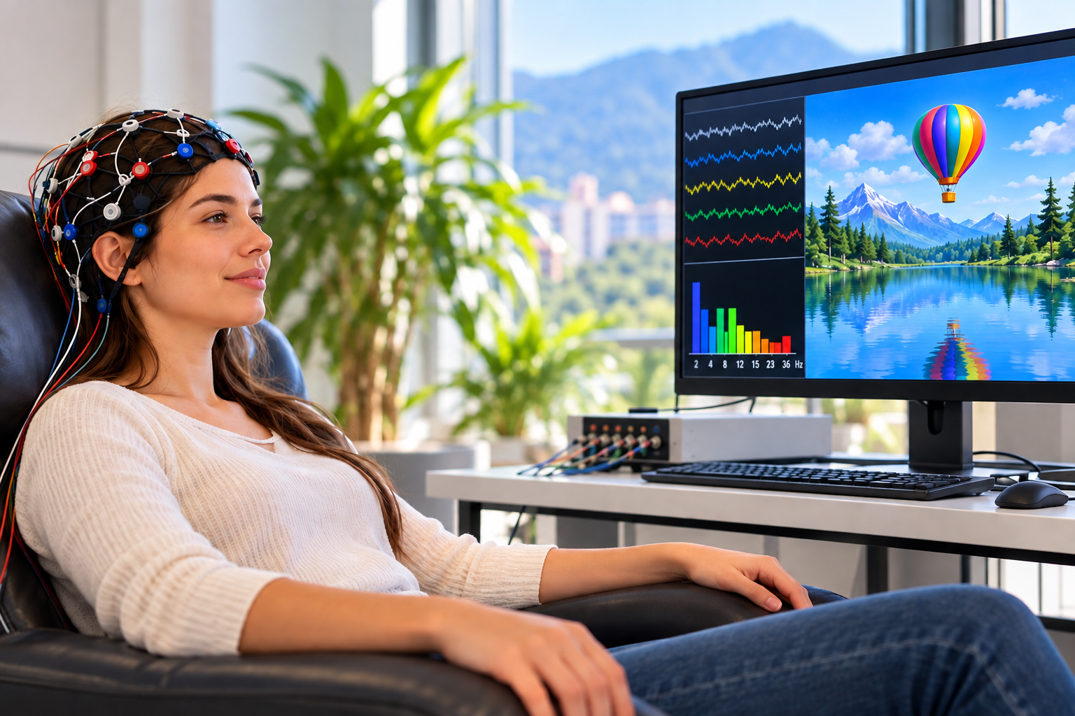 Persona realizando una sesión de neurofeedback con registro EEG y retroalimentación en tiempo real