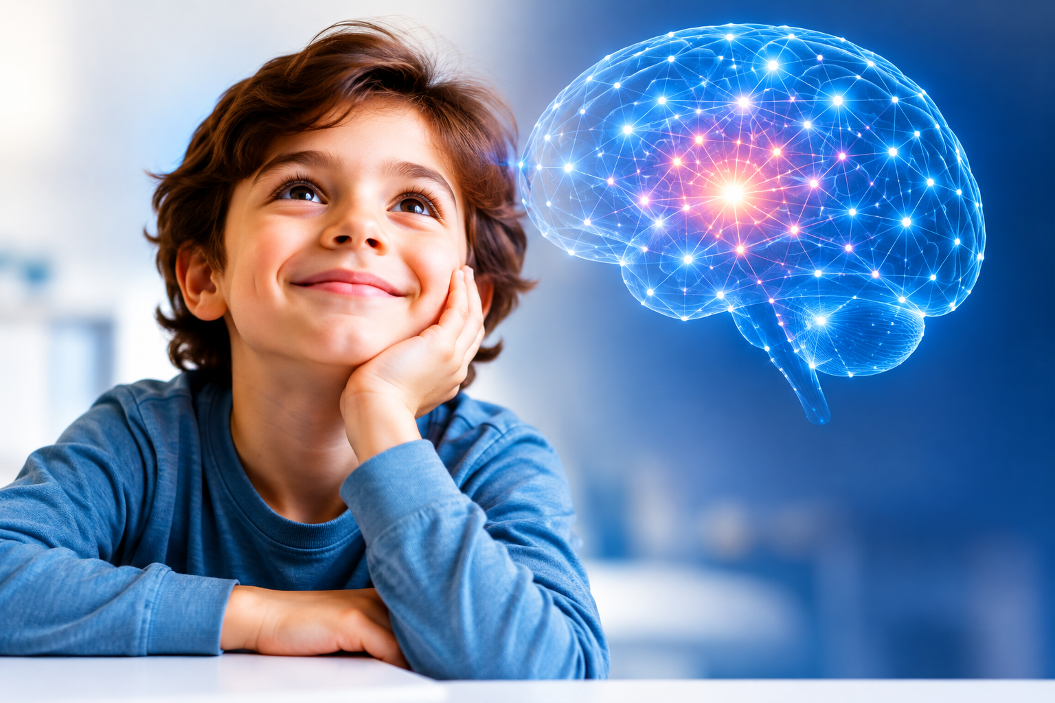 Niño junto a representación luminosa del cerebro